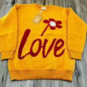 LISTICLE Mustard Yellow/Orange Sweater with Reddish Orange “Love” and Flower. S.